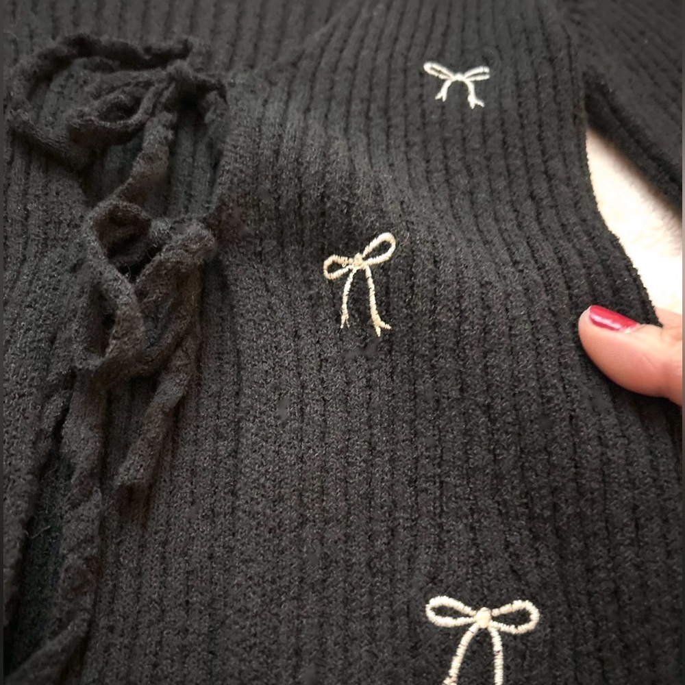 Black Tie-front Knit Top Sweater Cardigan with Bow Details